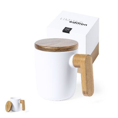 Caneca de cerâmica 350 mL com tampa e pega em madeira Haruncal
