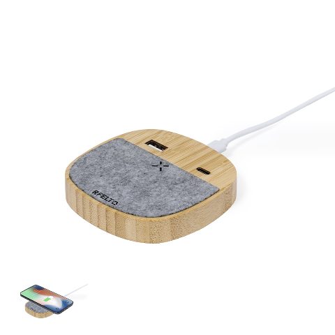 Carregador wireless 15W em bambu e feltro RPET com 2 saídas Emerson
