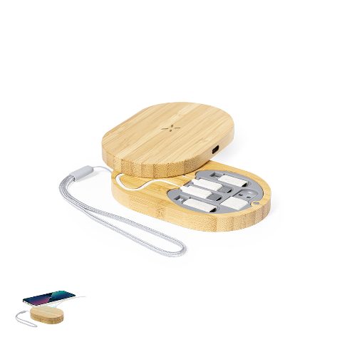Estojo em bambu com carregador wireless 15W e cabos Eliot