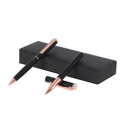 Conjunto de esferográfica e roller preto e ouro rosa Blexa