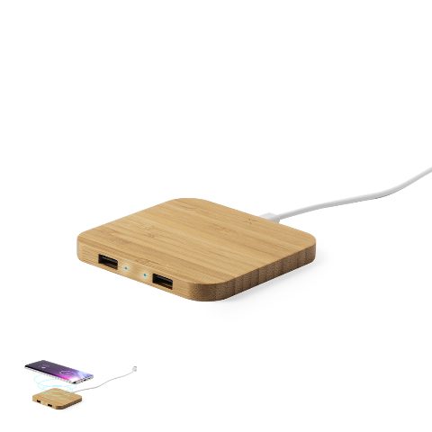Carregador wireless em bambu com 2 saídas USB Dumiax