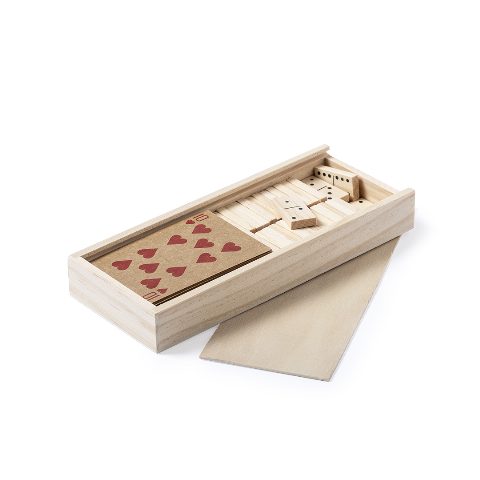 Conjunto de cartas e dominó em estojo de madeira Halin